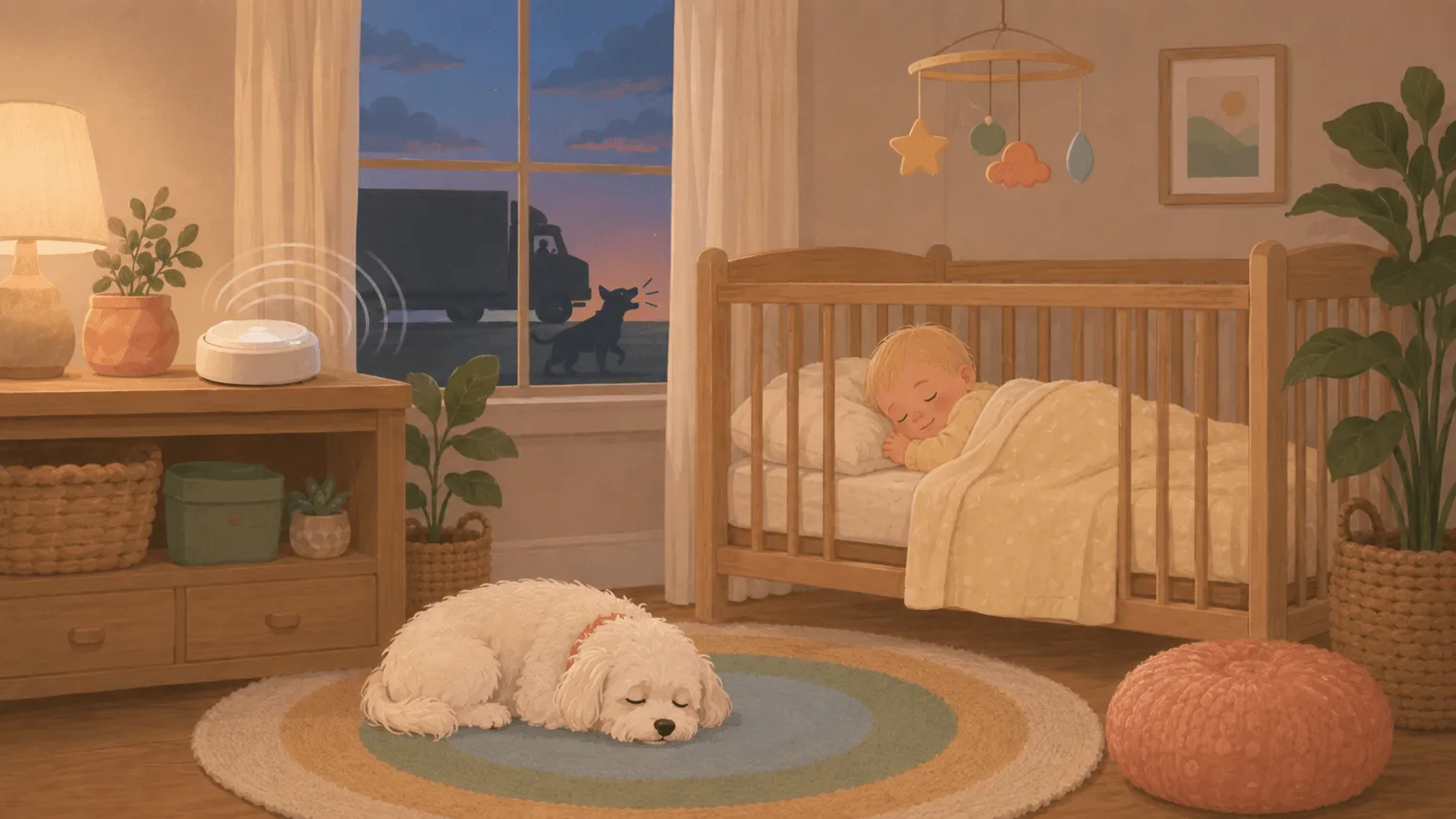 Illustration of a baby sleeping in a nursery with a sound machine on the dresser while a delivery truck and barking dog pass outside the window