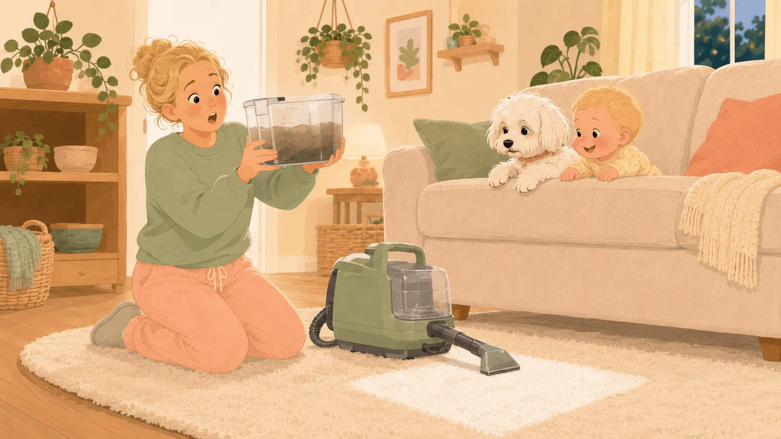 Illustration: a parent holds up the dirty-water tank in horrified triumph beside a freshly cleaned patch of carpet