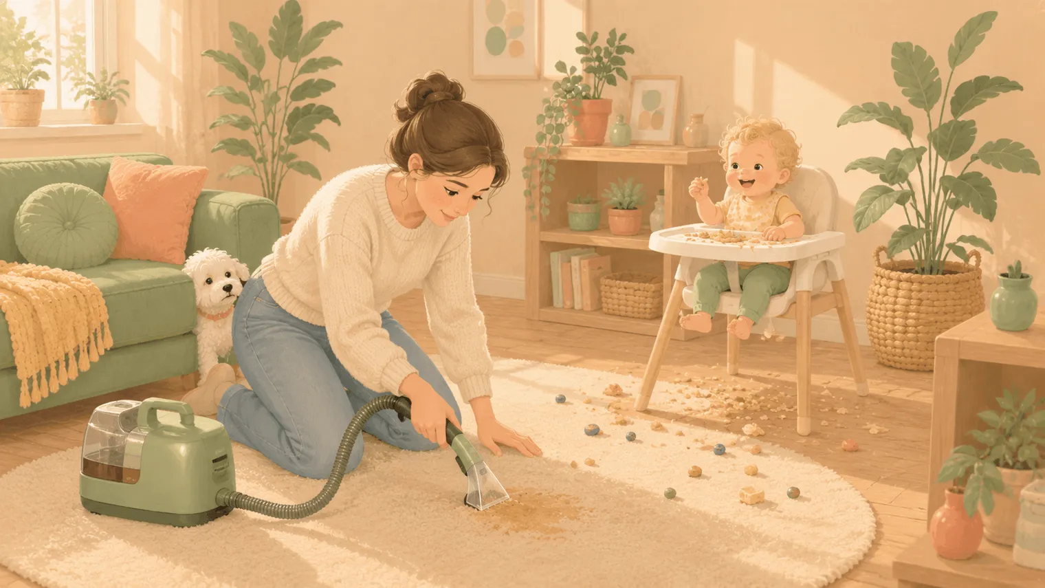Illustration of a parent spot-cleaning a rug with a portable cleaner while a guilty Maltese peeks from behind the sofa and a baby flings food from a high chair