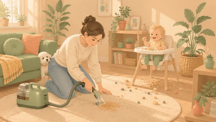 Illustration of a parent spot-cleaning a rug with a portable cleaner while a guilty Maltese peeks from behind the sofa and a baby flings food from a high chair