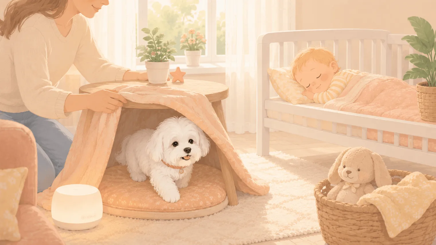 Illustration: the white Maltese tucked into a blanket den under a side table while a white noise machine glows nearby and the baby sleeps peacefully in a crib across the room