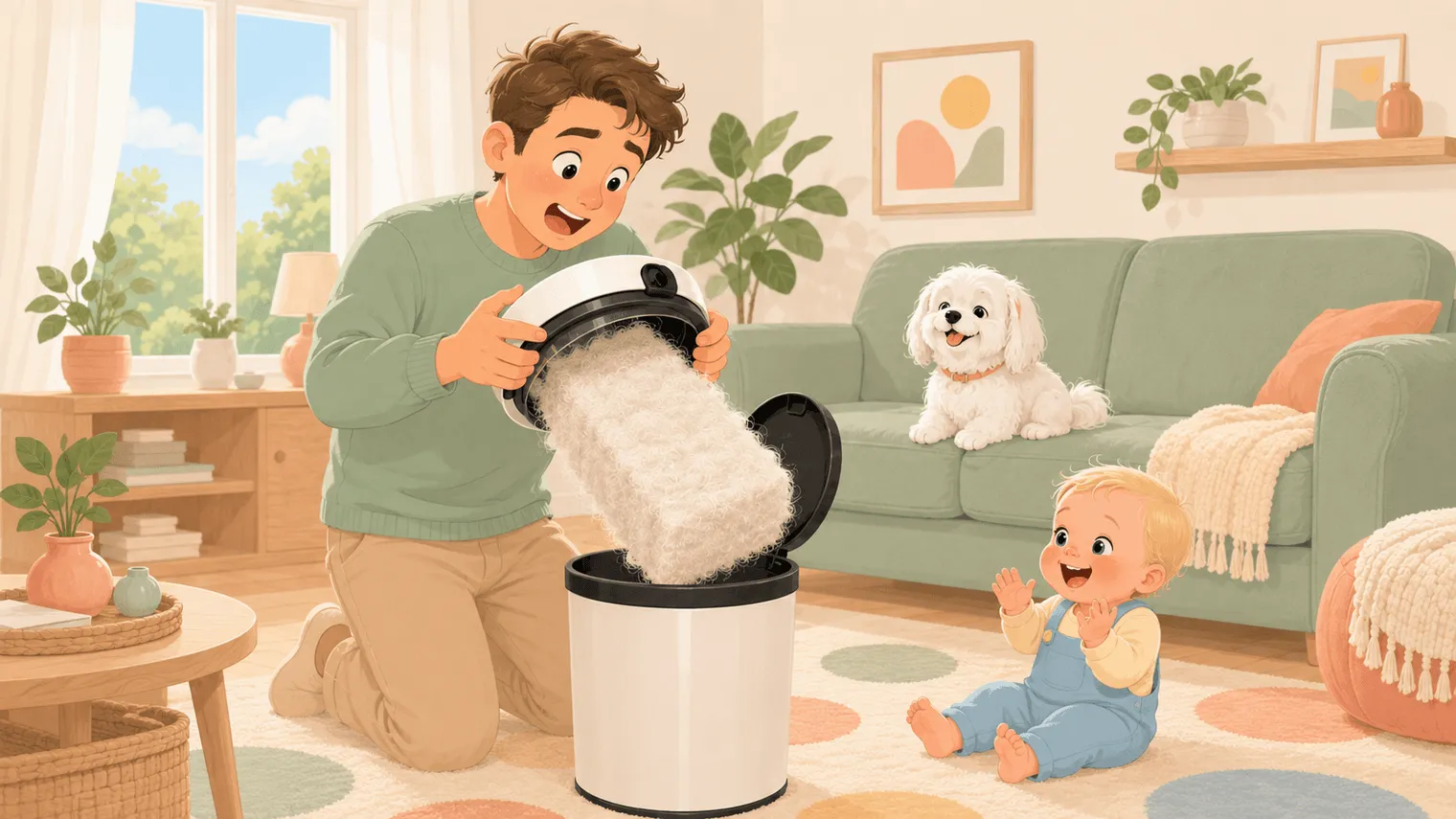 Illustration: the chamber-opening moment — a felt brick of fur tumbles into the bin while the dog maintains total innocence
