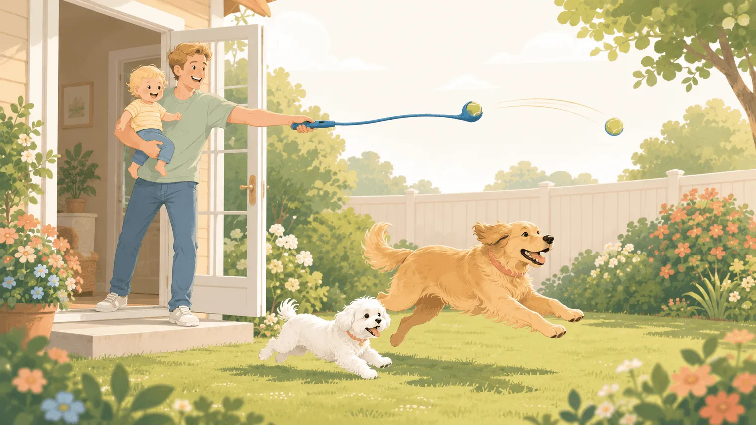 Illustration: a parent stands at the back door with the baby on one hip and scoops-and-flings a ball with the Chuckit! launcher as a medium-size golden dog launches off the step into the yard, the little white Maltese trotting alongside