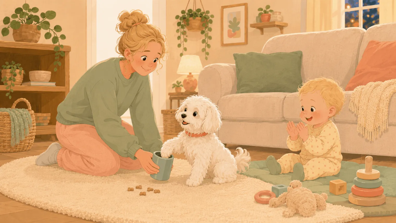 Illustration: dry-cup practice with treats — the dog holds a paw in the empty cup and looks very proud