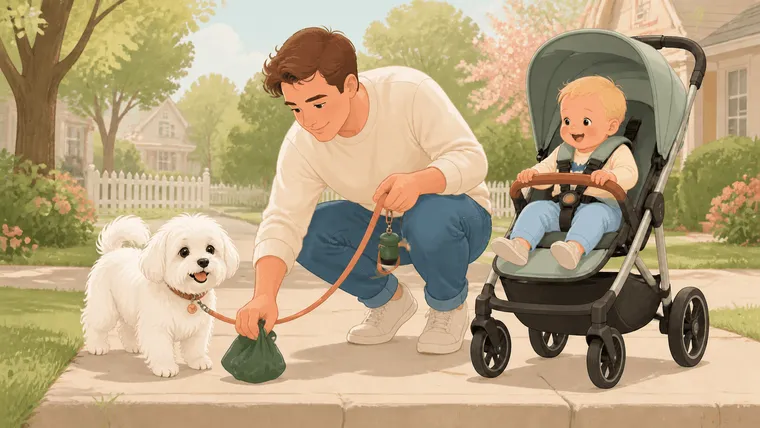 Parent using a lavender dog waste bag during a walk with a Maltese and baby stroller