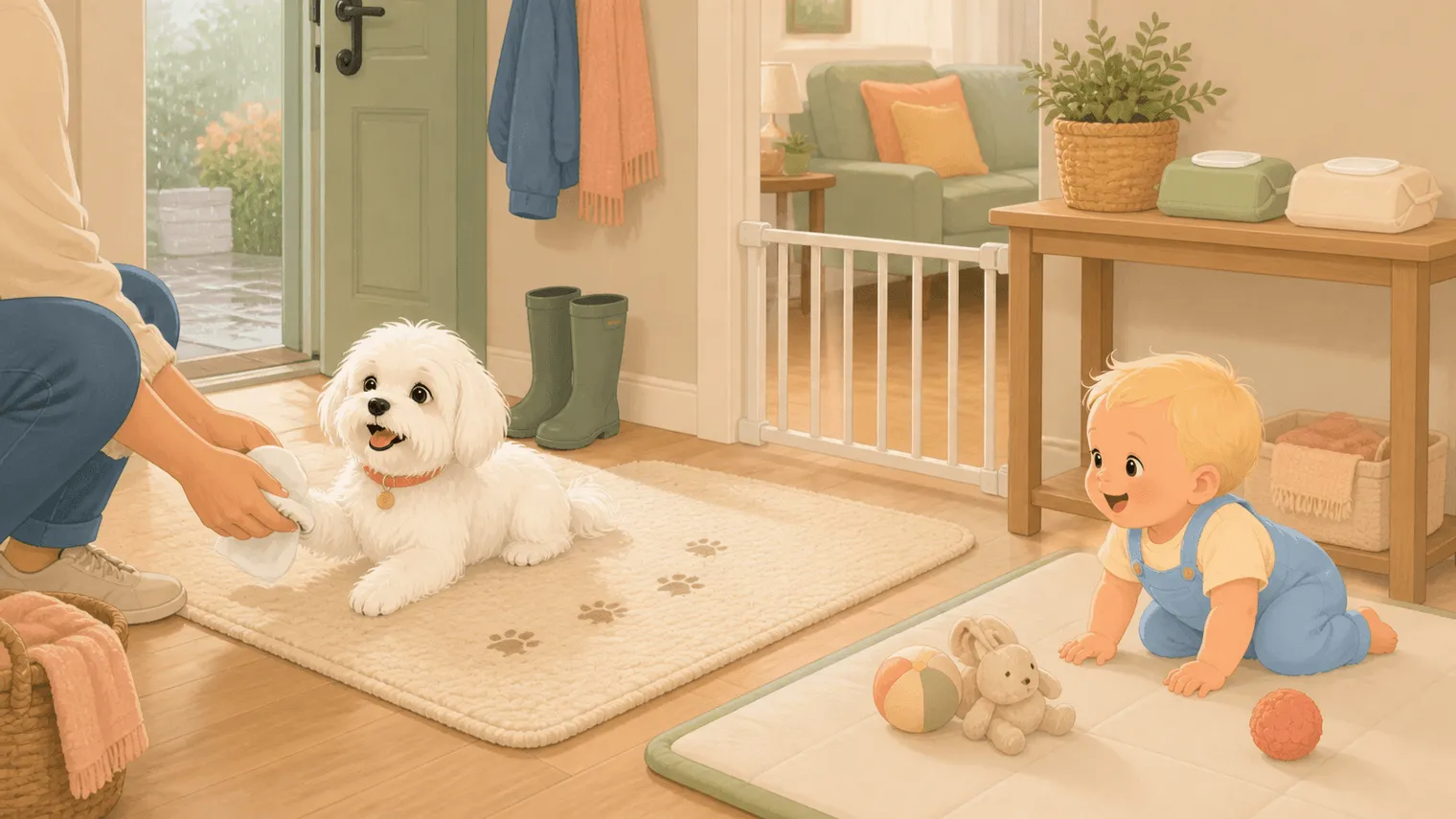 Warm illustration of a small white Maltese returning from a walk while a crawling baby watches from a clean play mat, with two unlabeled packs of dog wipes stored out of reach