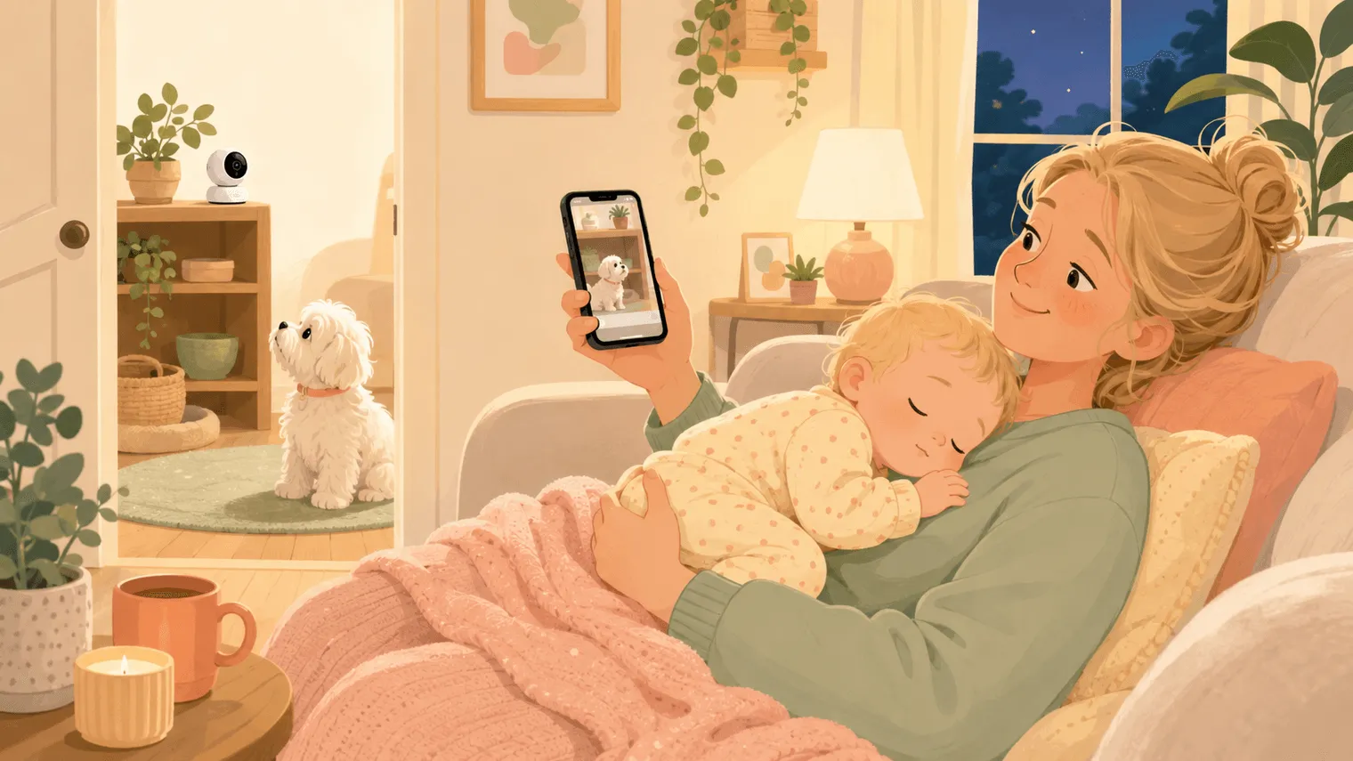 Illustration: a parent pinned under a sleeping baby checks the dog's live feed from the sofa