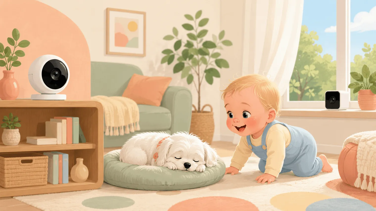 Illustration: the fancy treat-tossing camera and the tiny budget cube camera, with the dog napping between them