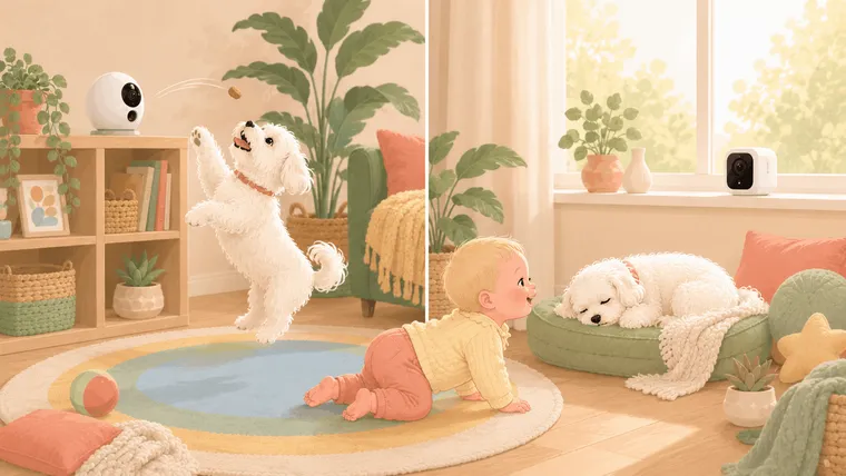Split illustration comparing a treat-tossing pet camera with a small budget cube camera, with a white Maltese dog in both scenes and a baby crawling between them