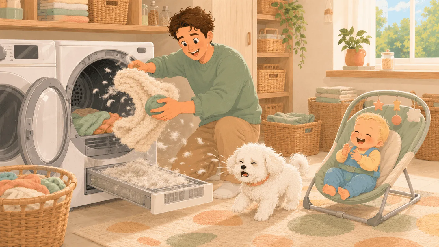 Illustration: the dry-tumble toss — blanket and disc into the dryer, fur poofing, the lint screen already full