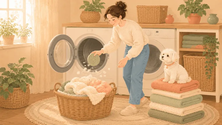 Illustration of a parent holding a small round disc over an open dryer with fur lifting off baby blankets while a Maltese sits on the folded laundry