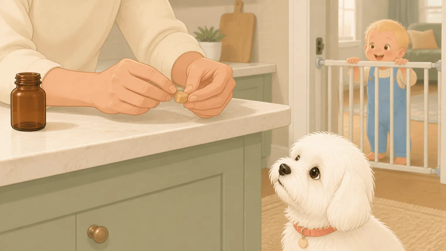 Parent pinching a soft treat around a capsule and supervising the Maltese while the baby stays behind a gate