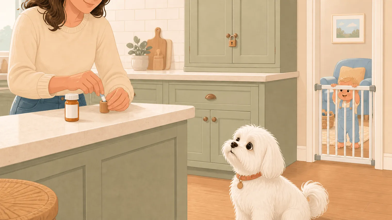 Parent placing a capsule into a soft dog treat at a high counter while baby remains behind a gate