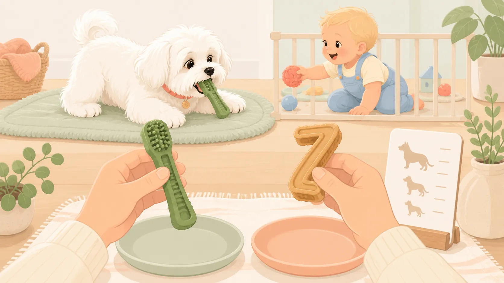 Illustration comparing the two generic chew shapes while the Maltese chews on a mat and the baby remains behind a gate