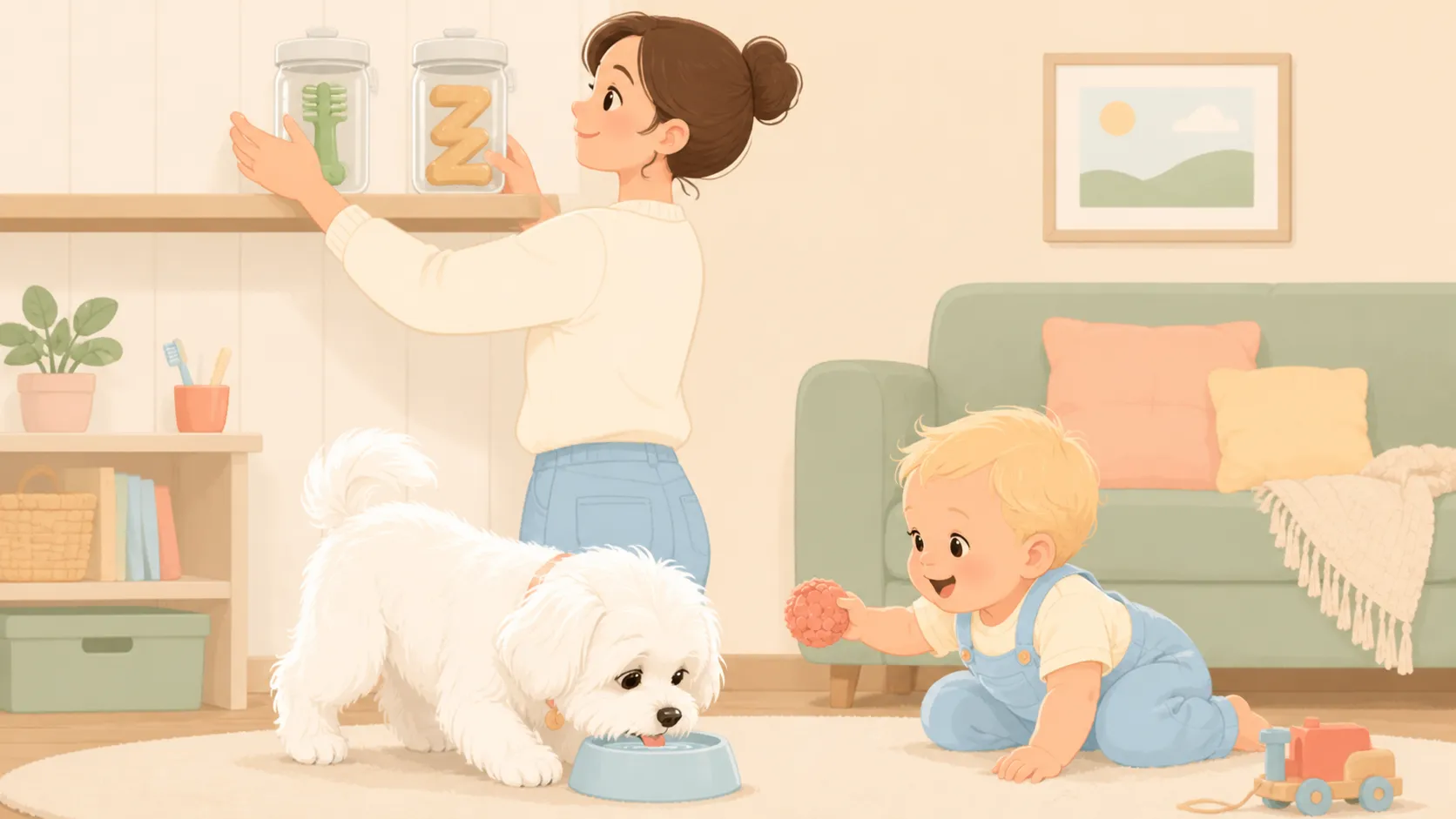 Illustration of dental chews stored in closed containers above a dog water bowl, with a toothbrush cup nearby
