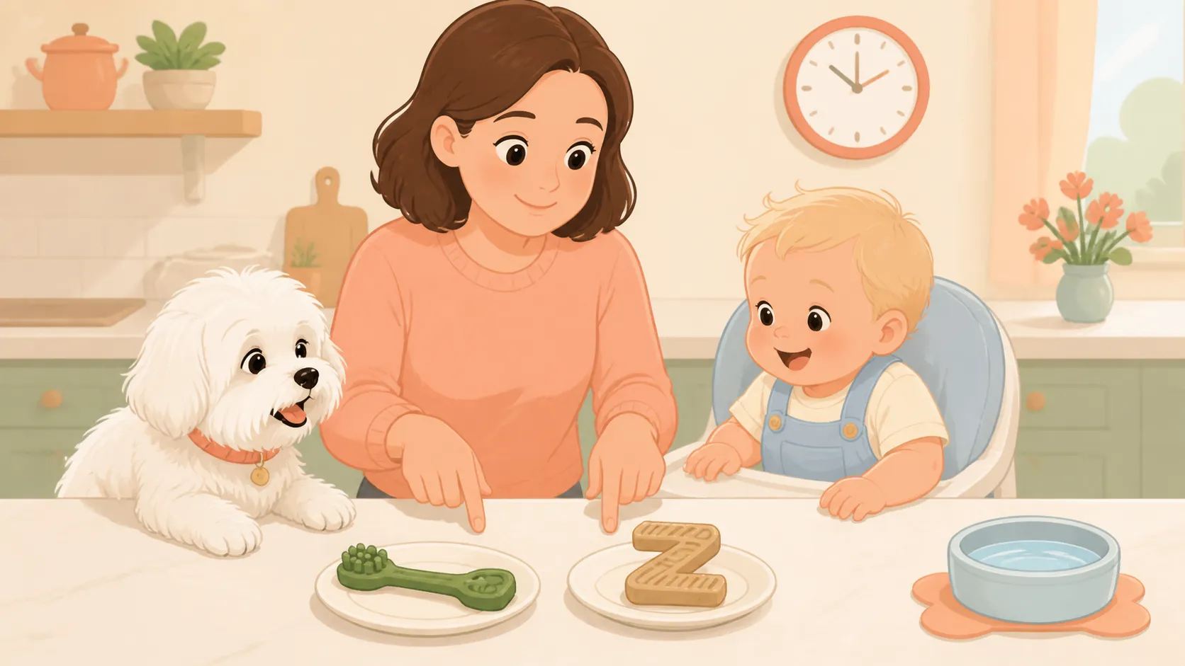 Warm illustration of a parent comparing a generic green toothbrush-shaped chew and tan Z-shaped chew beside a Maltese and baby