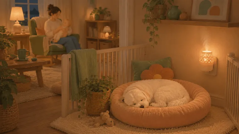 Illustration of a Maltese curled peacefully in a donut bed in a gated nook while a parent rocks the baby across the room