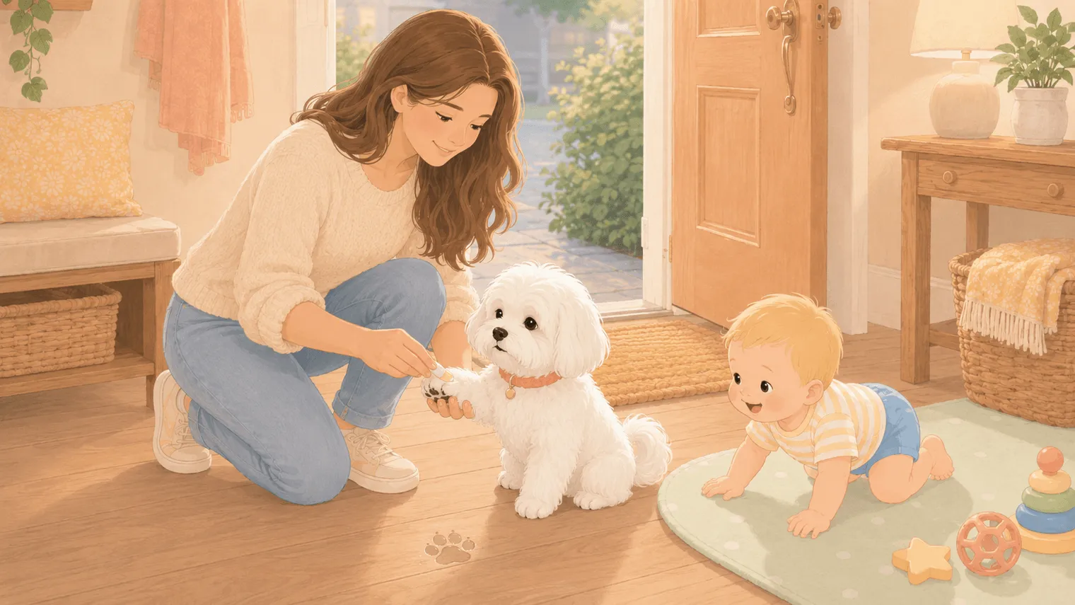 Illustration: a parent rubs paw wax onto the white Maltese's lifted paw at the front door, a faint waxy pawprint on the floor nearby, the baby crawling toward it on a play mat just out of reach