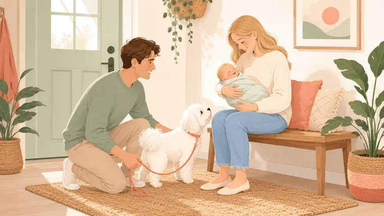 Illustration of a homecoming: a parent holds a swaddled newborn while a white Maltese dog on a loose leash gently sniffs the baby’s feet