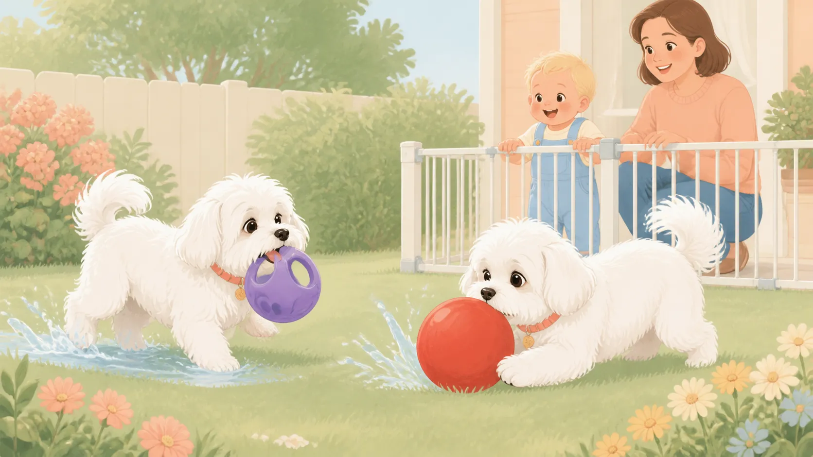 Illustration of a Maltese carrying a handled ball and then pushing a larger hard ball while the baby remains separated