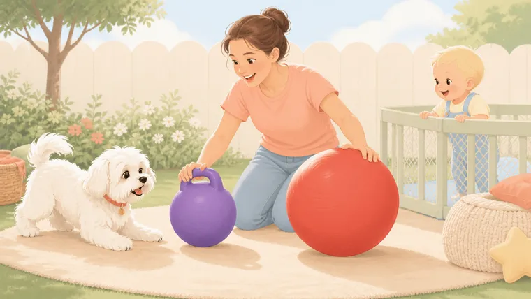 Warm backyard illustration comparing a medium purple handled dog ball with a large red push ball while a baby watches behind a gate