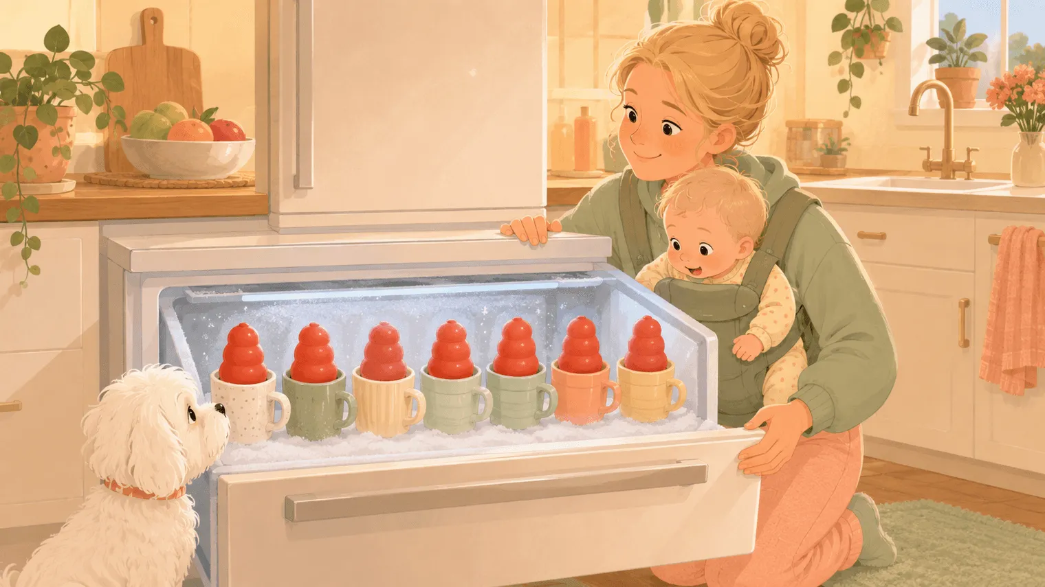 Illustration: a freezer drawer stocked with six stuffed Kongs, admired by the dog with reverent awe