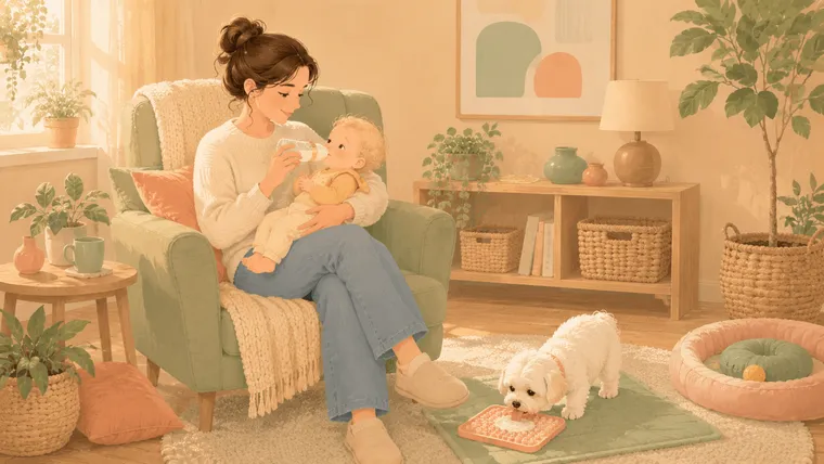 Illustration of a parent bottle-feeding a baby in an armchair while a white Maltese dog contentedly licks a treat mat beside them