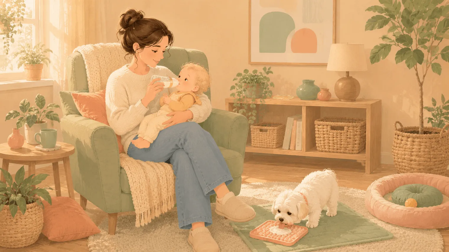 Illustration of a parent bottle-feeding a baby in an armchair while a white Maltese dog contentedly licks a treat mat beside them