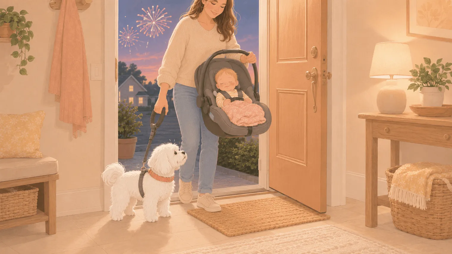 Illustration: a parent in a doorway holding a baby car seat in one arm while holding the leash of a harnessed dog at the door with the other, fireworks visible outside, the Maltese watching from inside