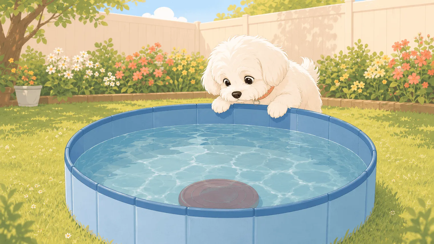 Illustration: a slightly baffled white Maltese peering over the edge of a blue backyard dog pool at the red disc sitting on the bottom, having sunk