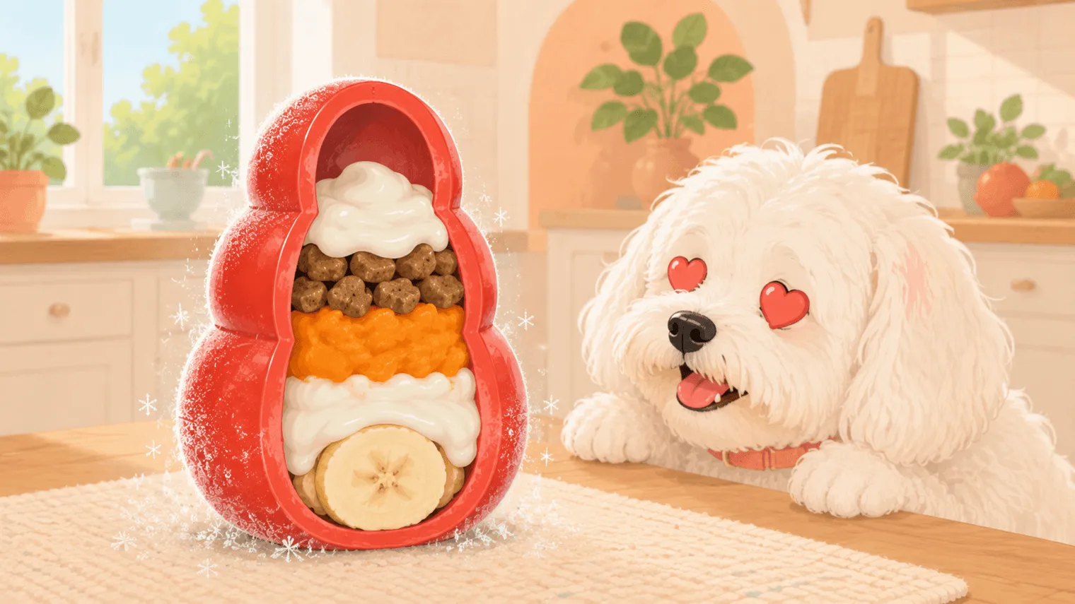 Illustration: a cutaway view of a stuffed Kong showing its lasagna layers, admired by a dog with hearts in its eyes