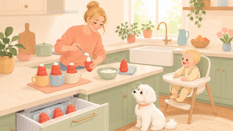 Illustration of a parent stuffing rubber dog toys with yogurt at a kitchen counter while a Maltese watches hopefully and a baby looks on from a high chair