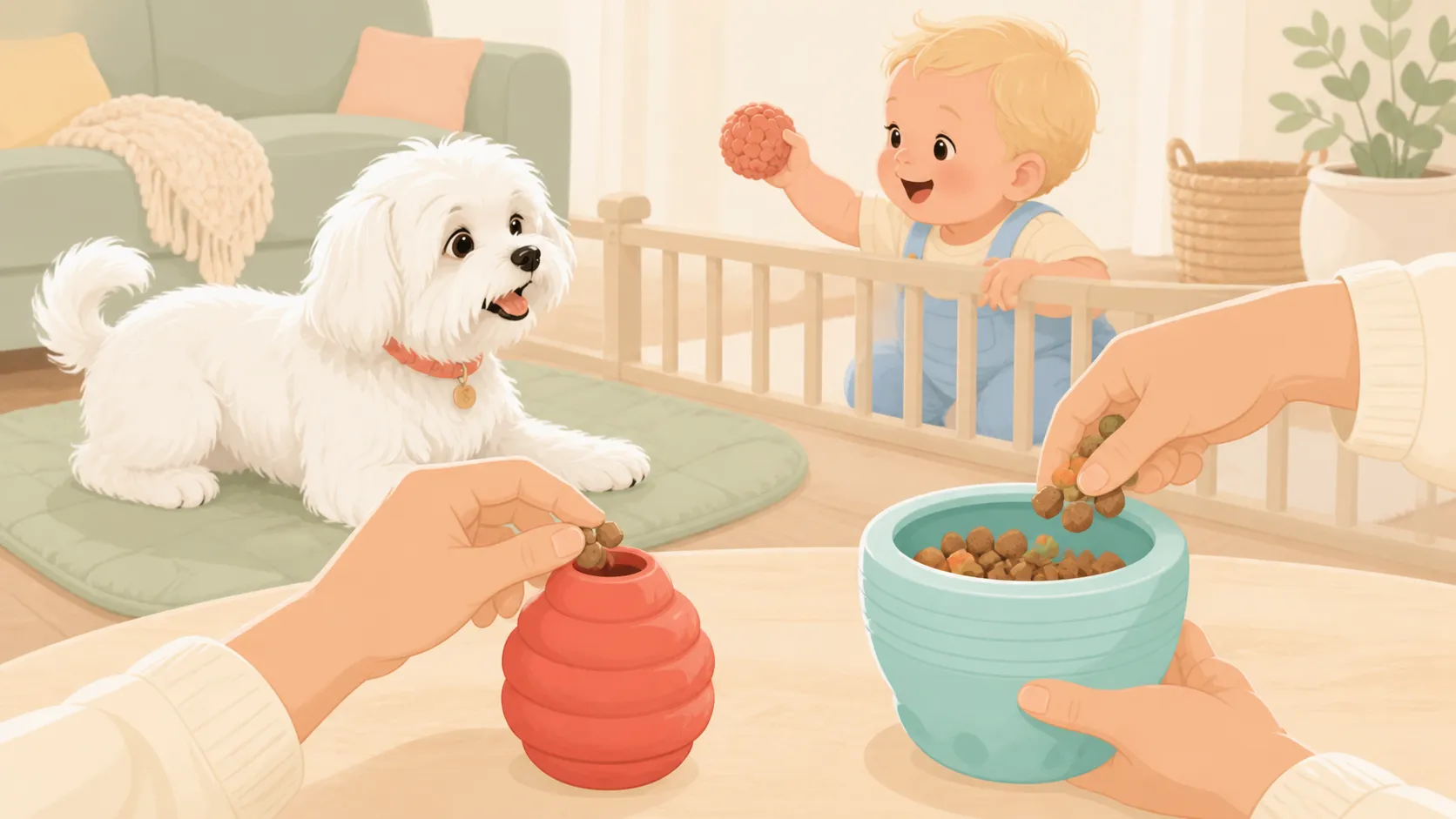 Illustration showing a caregiver filling a narrow red toy and a wide aqua toy while the dog waits and baby remains separated