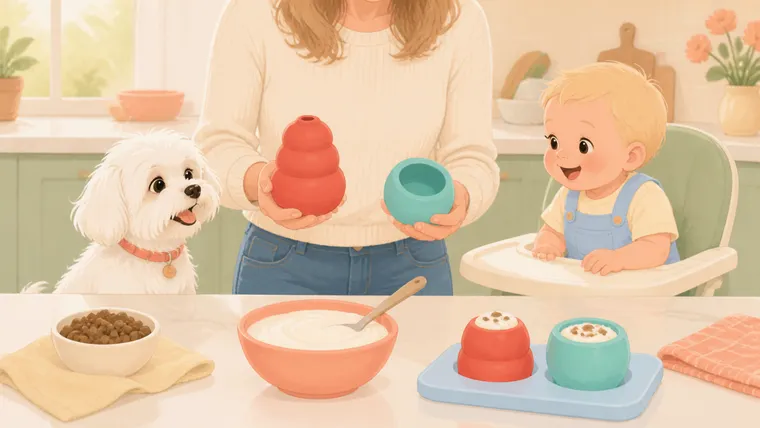 Warm kitchen illustration comparing a generic red tapered stuffable toy and aqua wide-cup toy beside a Maltese and baby