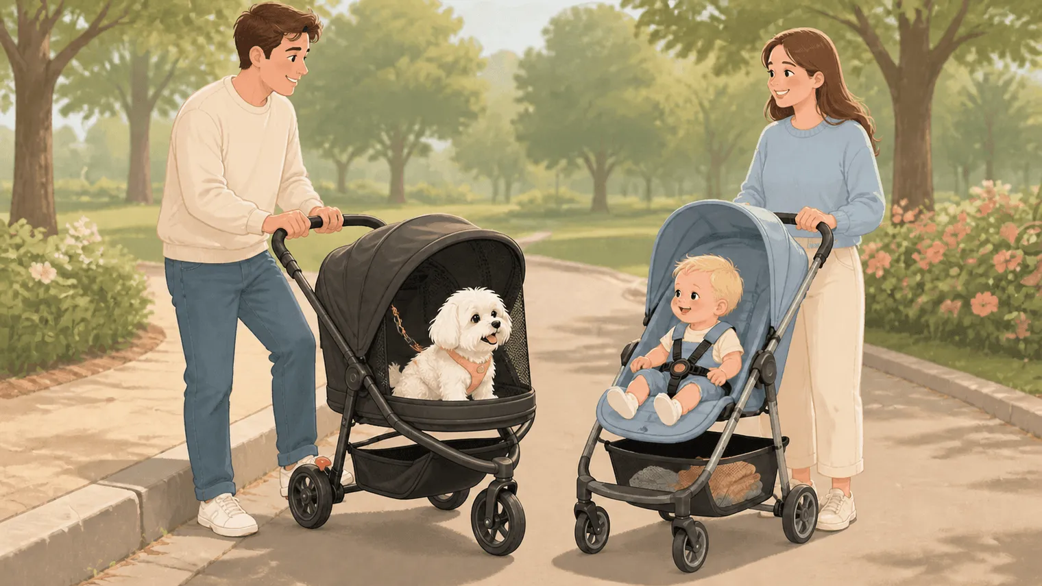 Maltese secured by a harness tether in a stopped pet stroller beside a separate baby stroller