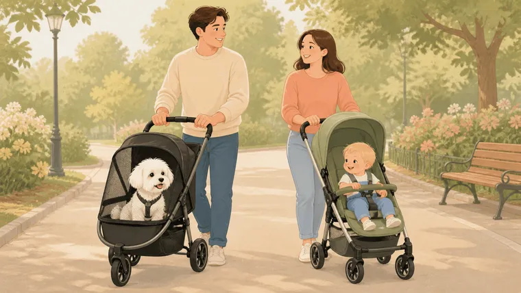 Two adults separately pushing a black pet stroller with a Maltese and a green baby stroller