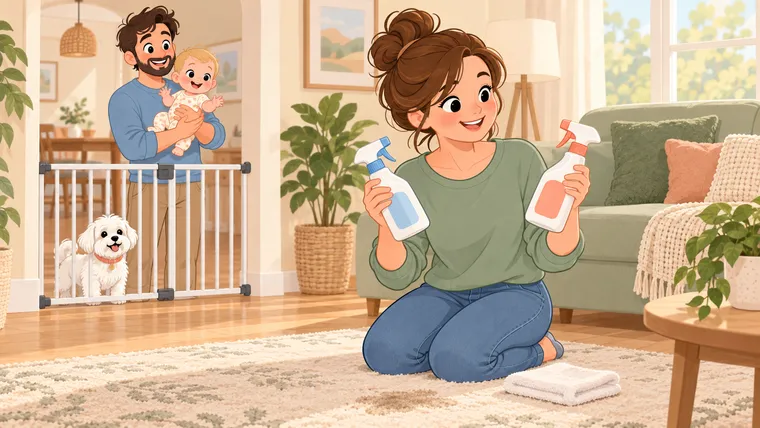 Illustration of a parent comparing two unlabeled pet-cleaner bottles while a baby and Maltese remain behind a safety gate