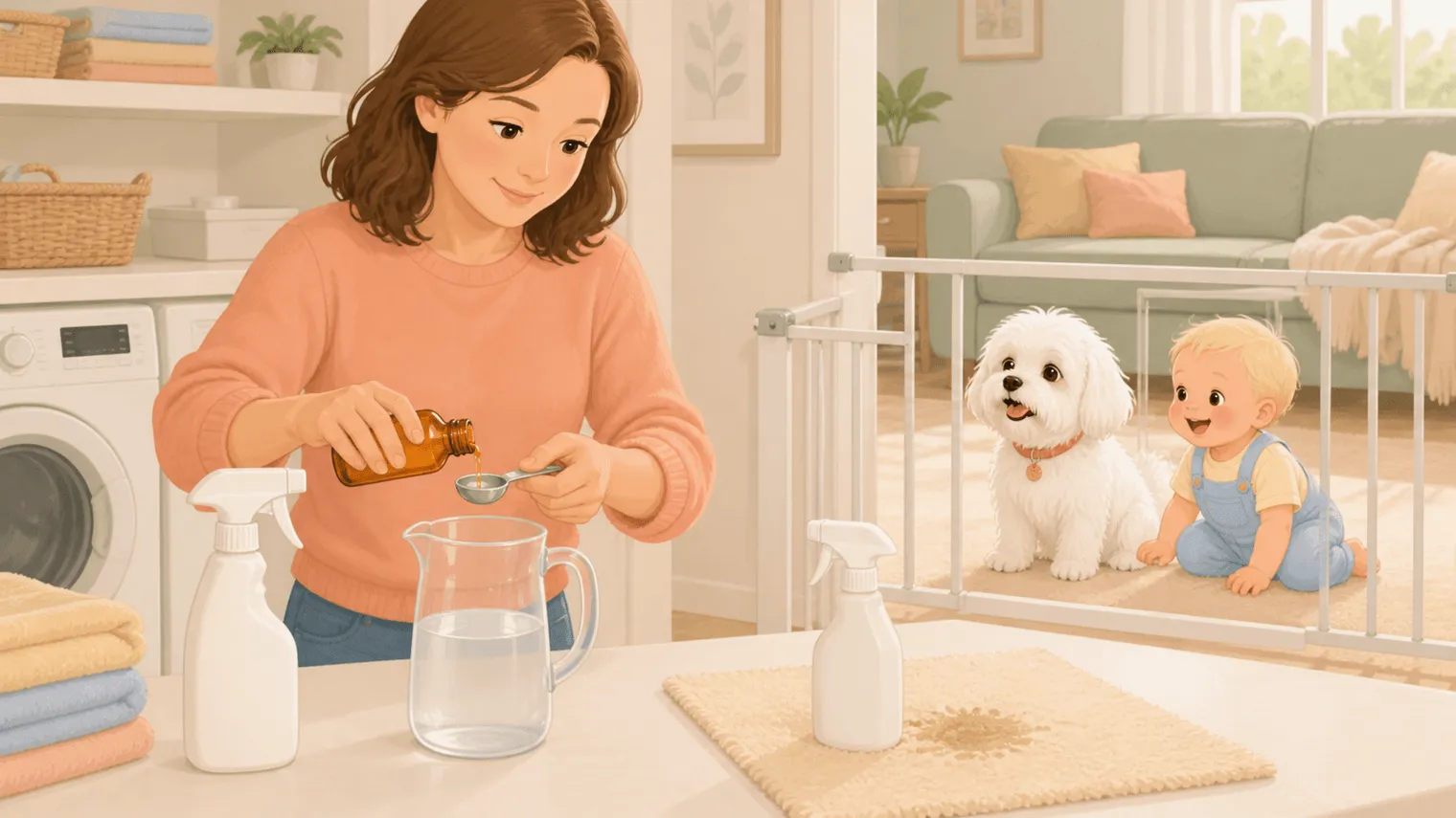 Illustration of two cleaning approaches: a ready-to-use spray beside one rug spot and a small concentrate bottle beside a measured mixing pitcher
