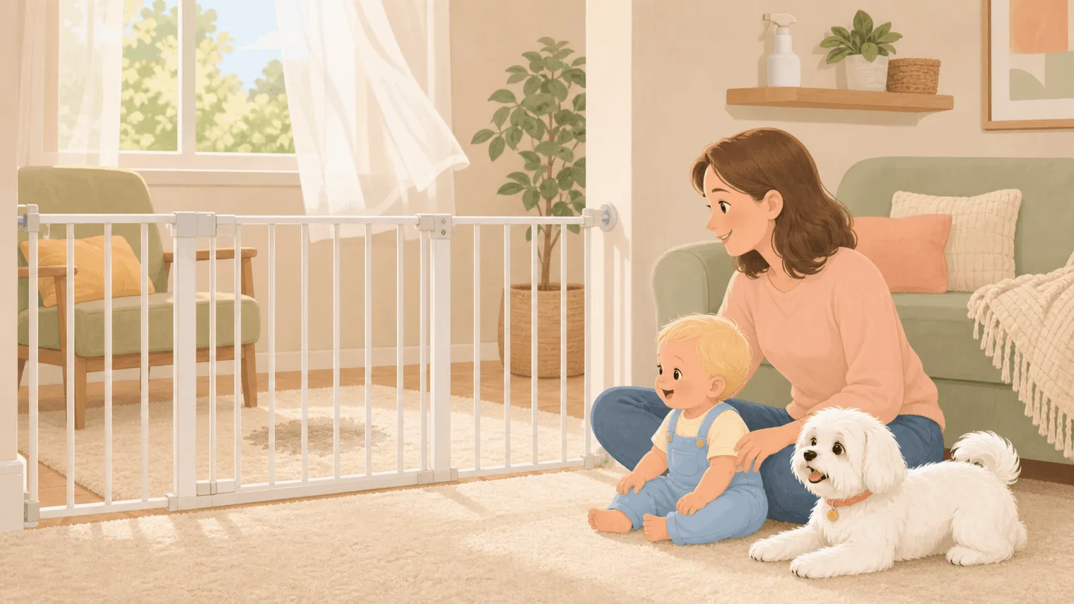 Illustration of a ventilated living room with a damp rug spot blocked by a safety gate while the parent, Maltese, and baby wait safely on the dry side