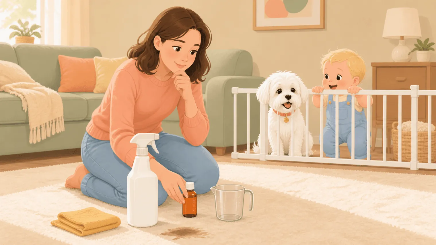 Warm illustration of a parent comparing an unlabeled spray bottle and a small orange concentrate bottle while a Maltese and baby remain behind a gate
