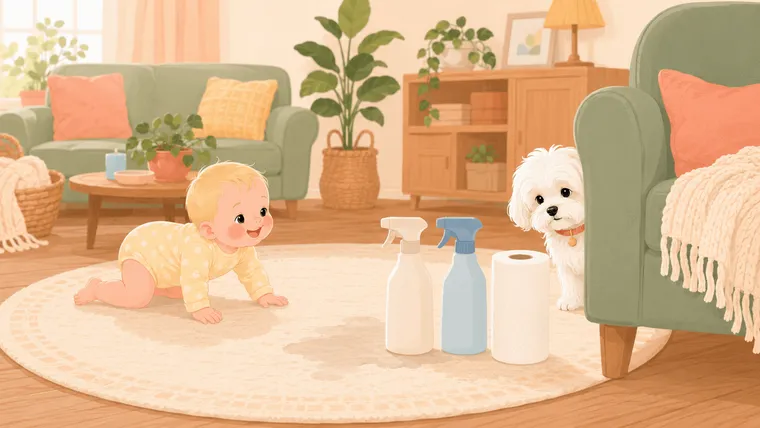 Illustration of two unlabeled spray bottles beside a damp spot on a rug, with a guilty Maltese peeking from behind an armchair