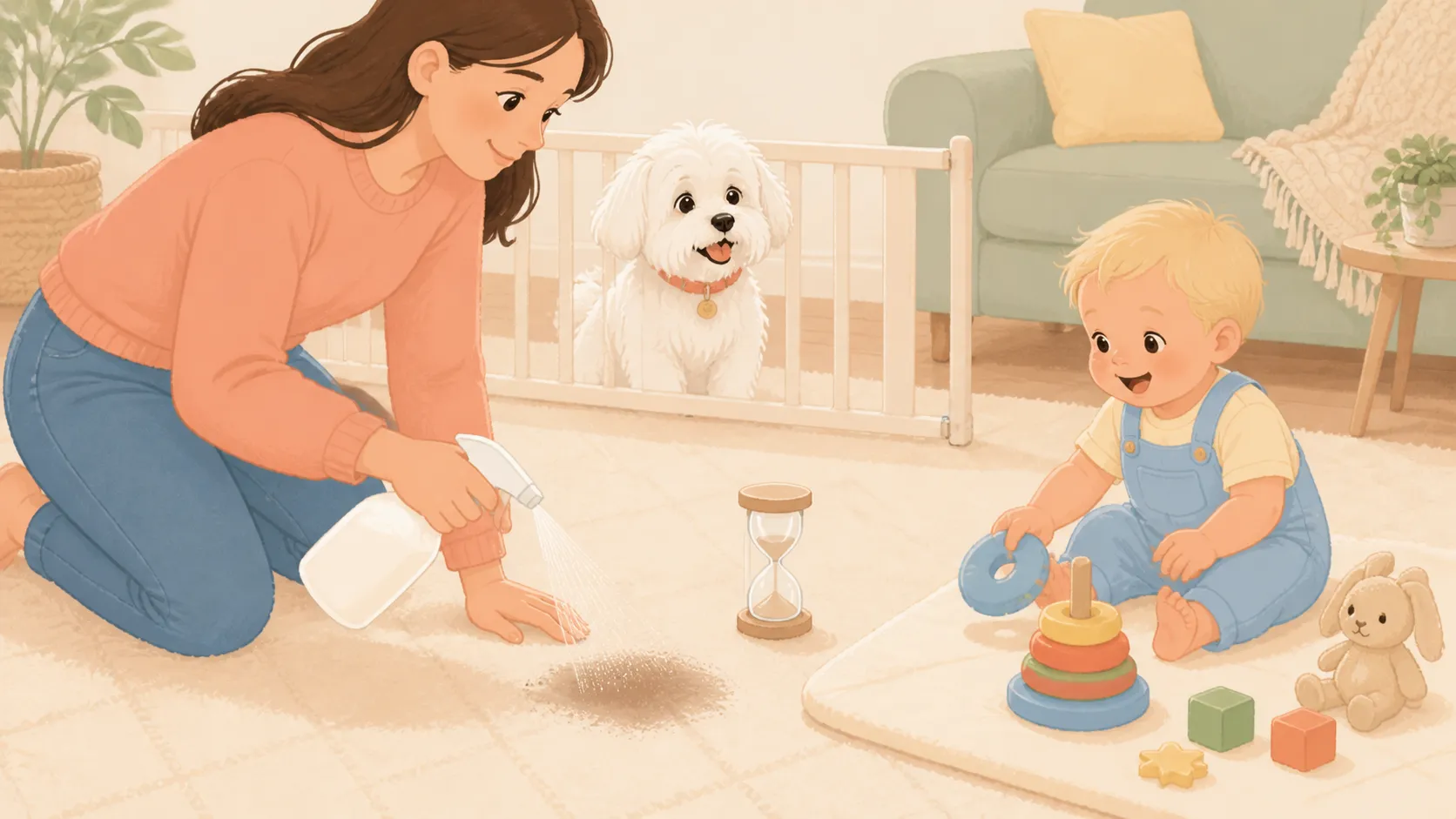 Illustration of a parent treating a rug while the dog and baby remain separated from the damp area