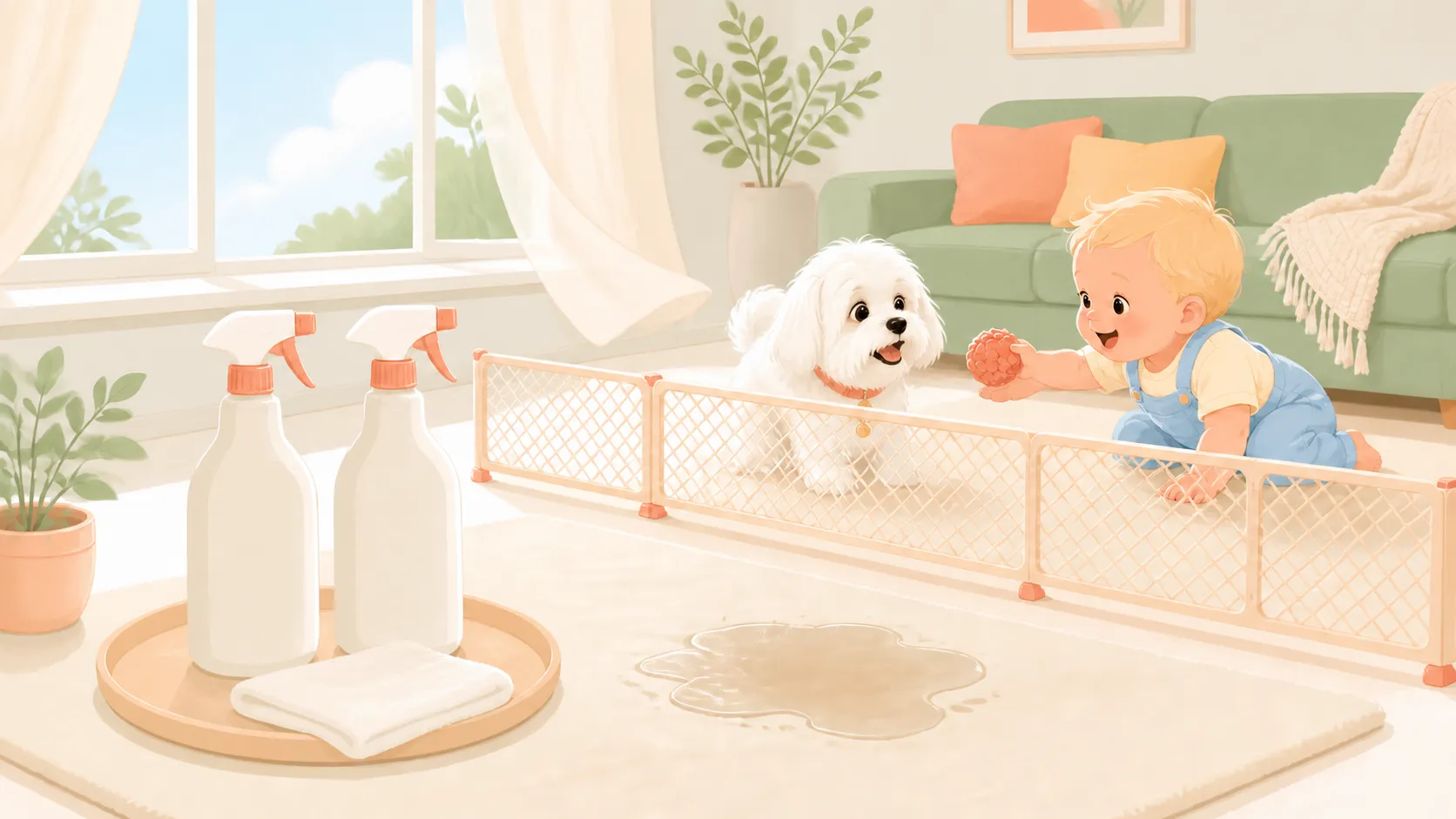 Illustration of two unlabeled cleaner bottles, a cloth and ventilation beside a gated damp rug