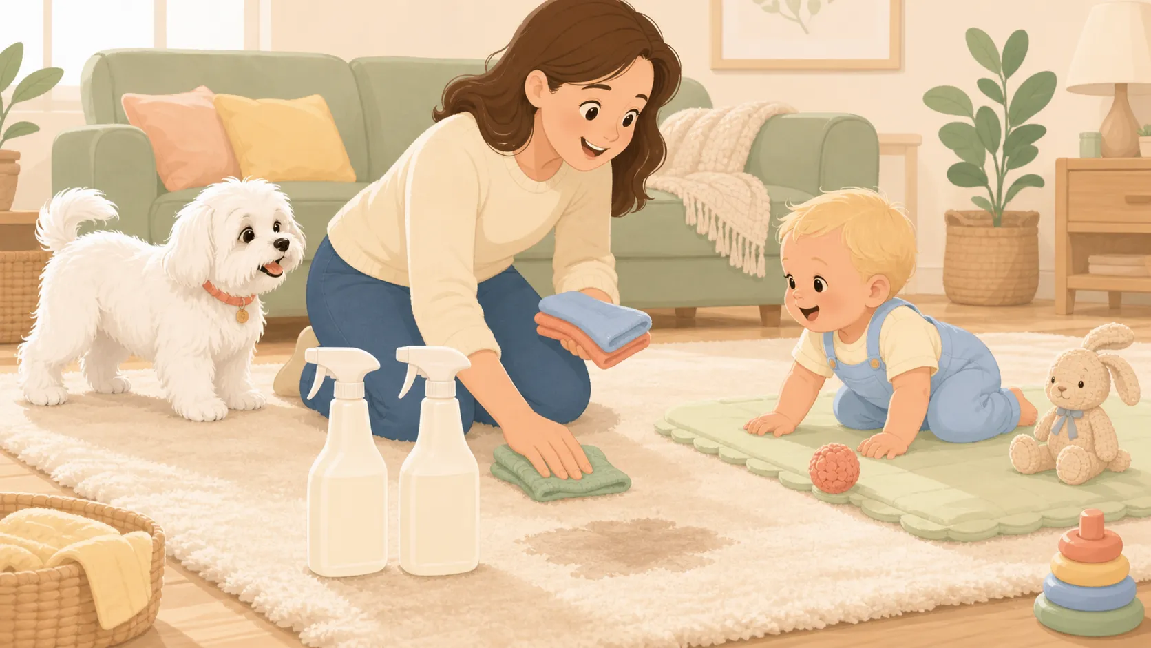 Warm illustration of a parent comparing two unlabeled pet stain-remover bottles while a Maltese and baby stay behind a safety gate
