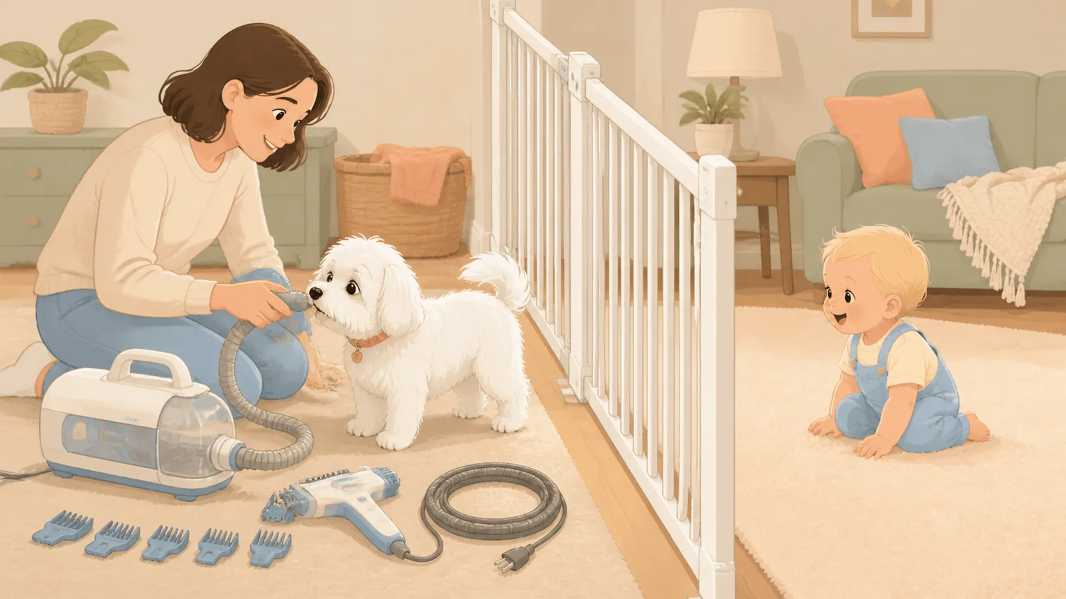 Adult introducing a switched-off grooming vacuum to a Maltese in a gated zone while the baby stays in a separate room