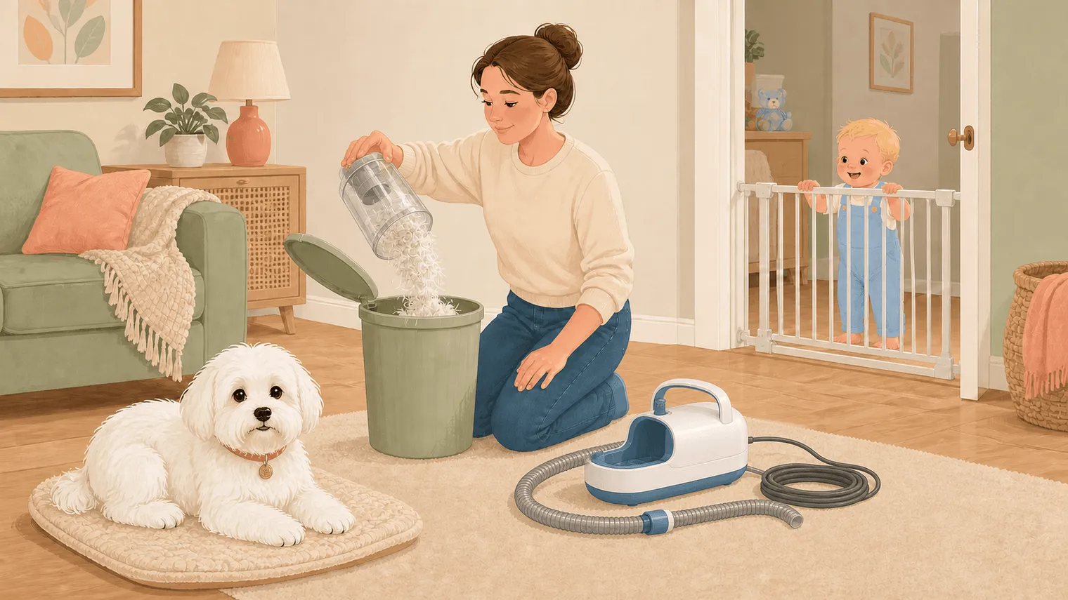 Parent emptying captured dog hair into a lidded bin while the baby remains behind a gate