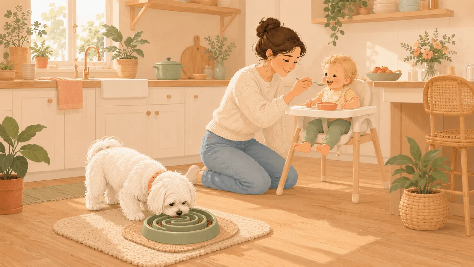 Illustration of a Maltese working kibble out of a spiral maze bowl while a parent feeds the baby in a high chair nearby