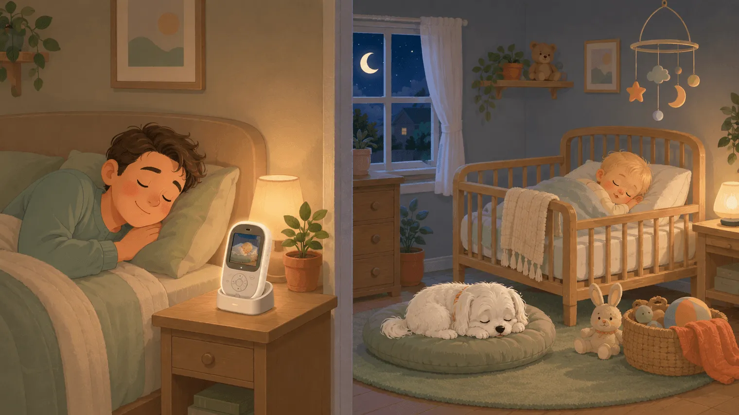 Illustration: the dedicated monitor glows on the nightstand beside a sleeping parent while the baby and dog sleep in the next room