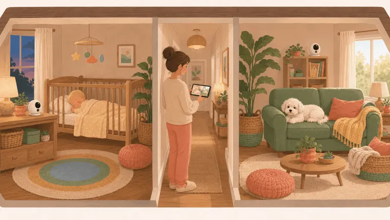 Cutaway illustration of a home: a baby monitor watching the nursery, a pet camera watching the dog in the living room, and a relaxed parent in the hallway
