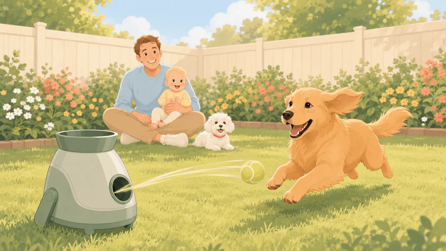 Illustration: the automatic launcher fires a tennis ball out across a fenced backyard as a medium-size golden dog bounds after it, while a parent sits well back on the grass holding the baby and the small white Maltese rests beside them